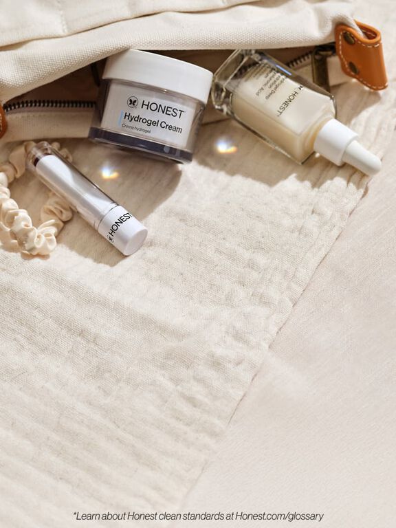 Beauty pouch with Hydrogel Cream, Hyaluronic Acid Serum, and Tinted Lip Balm